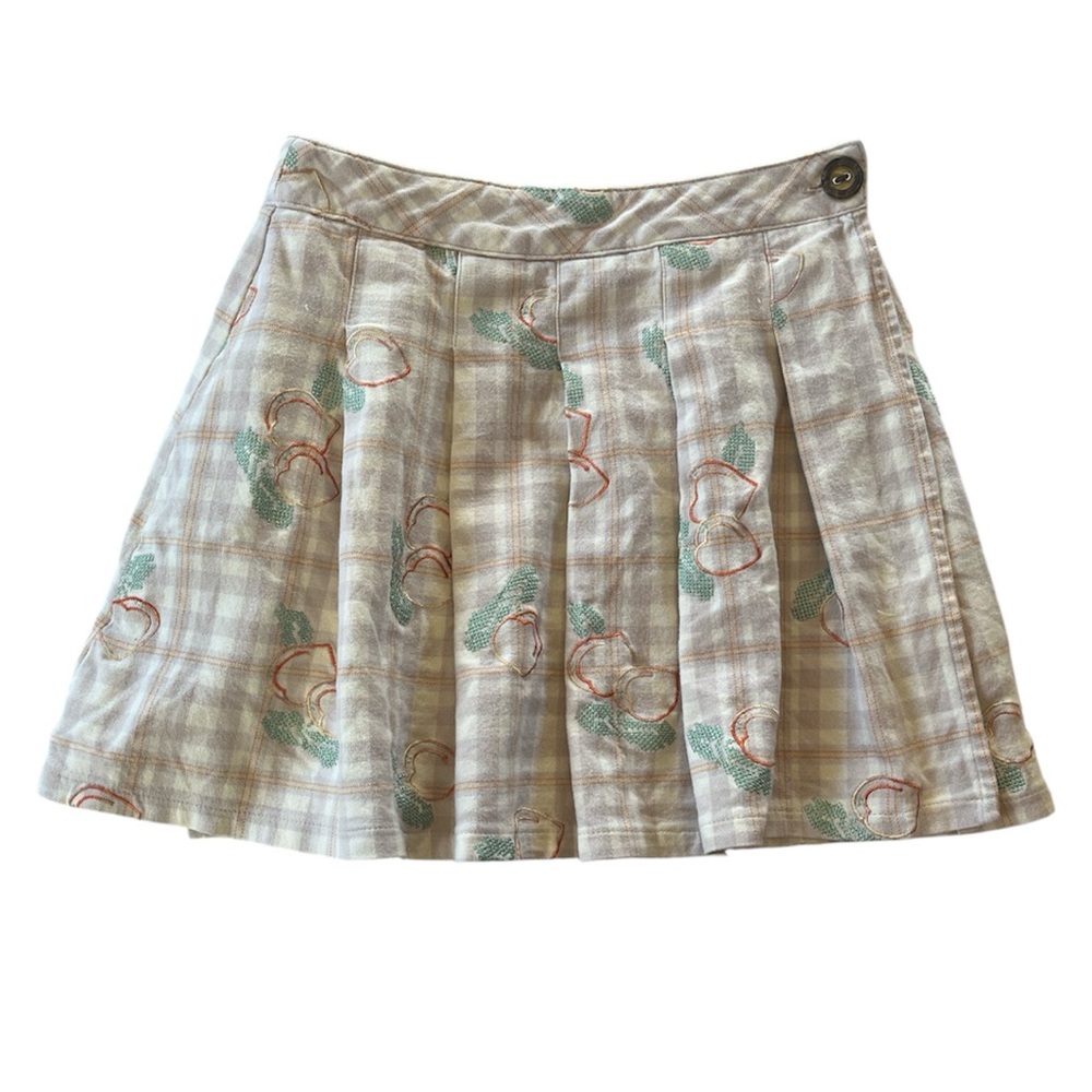 Urban Outfitters Beige Plaid Skater Wrap Mini Skirt w/Peach Print Small